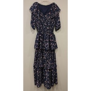 Kas New York Blue Floral Ruffle Neck Midi Tiered Skirt Dress Size Small